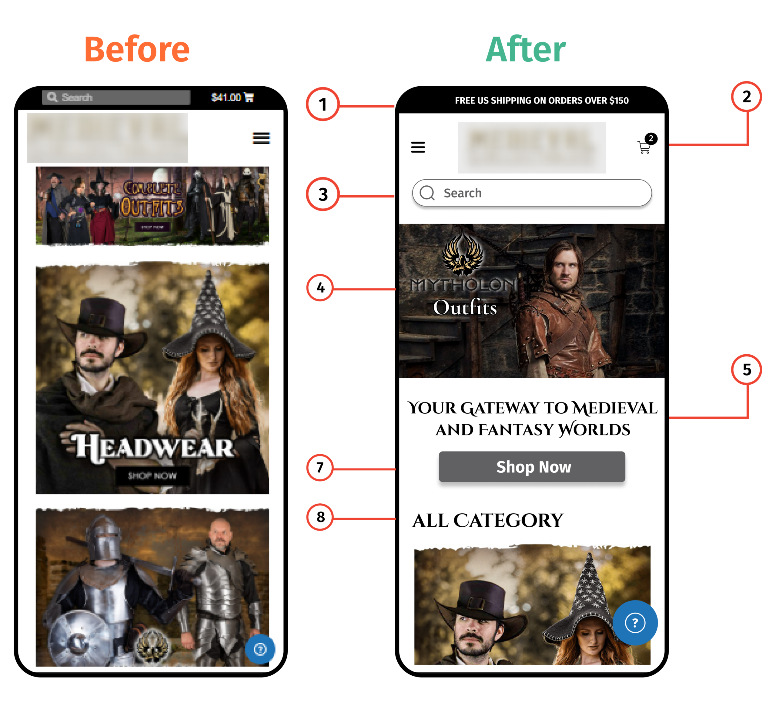 Before and after CRO example for medieval outfit store