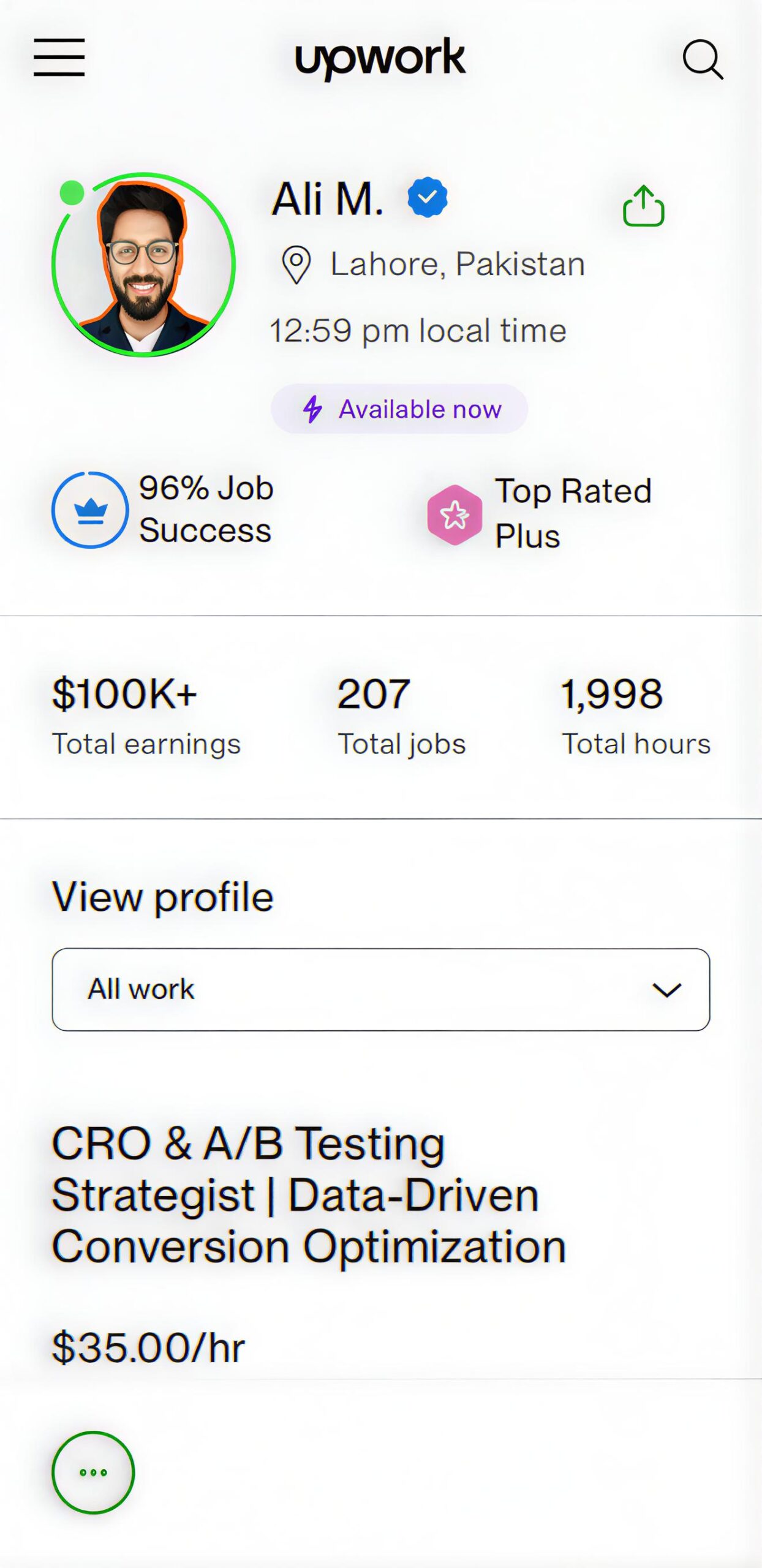Ali Masoomi Upwork profile