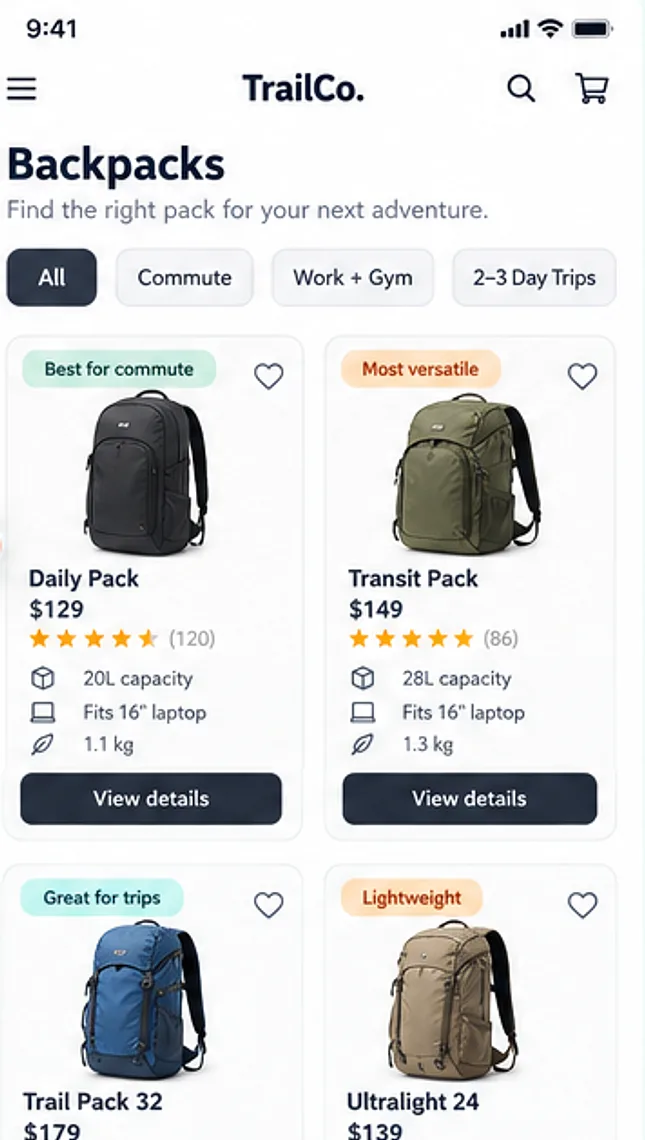 After: backpack collection with use filters, best-for badges and fit details