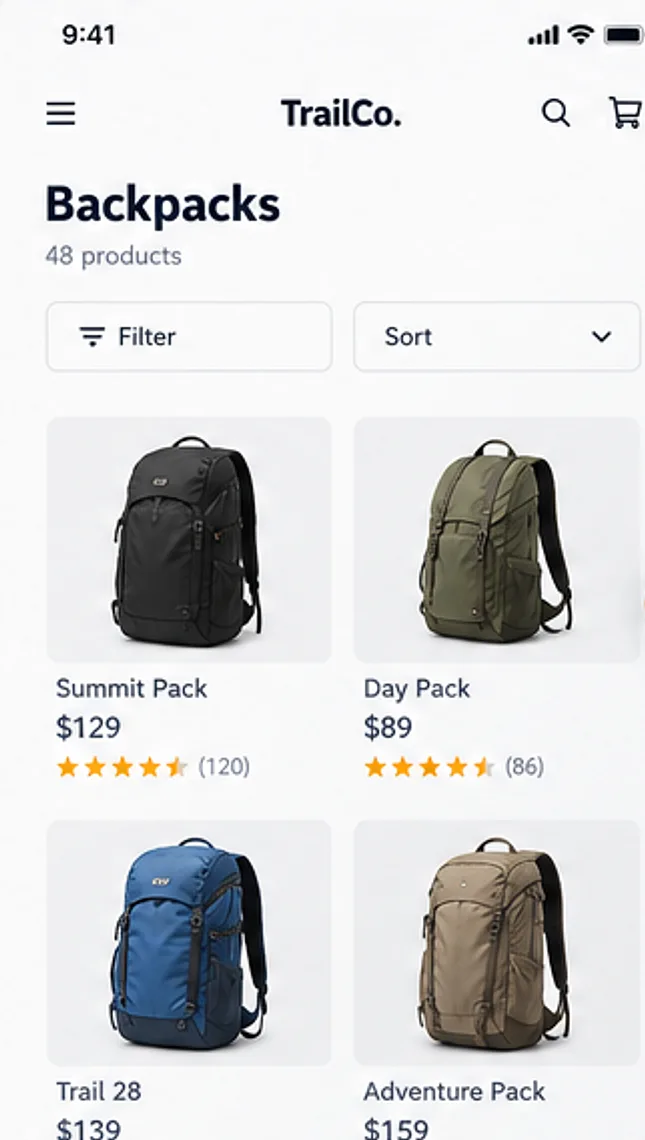 Before: backpack collection showing only name, price and rating