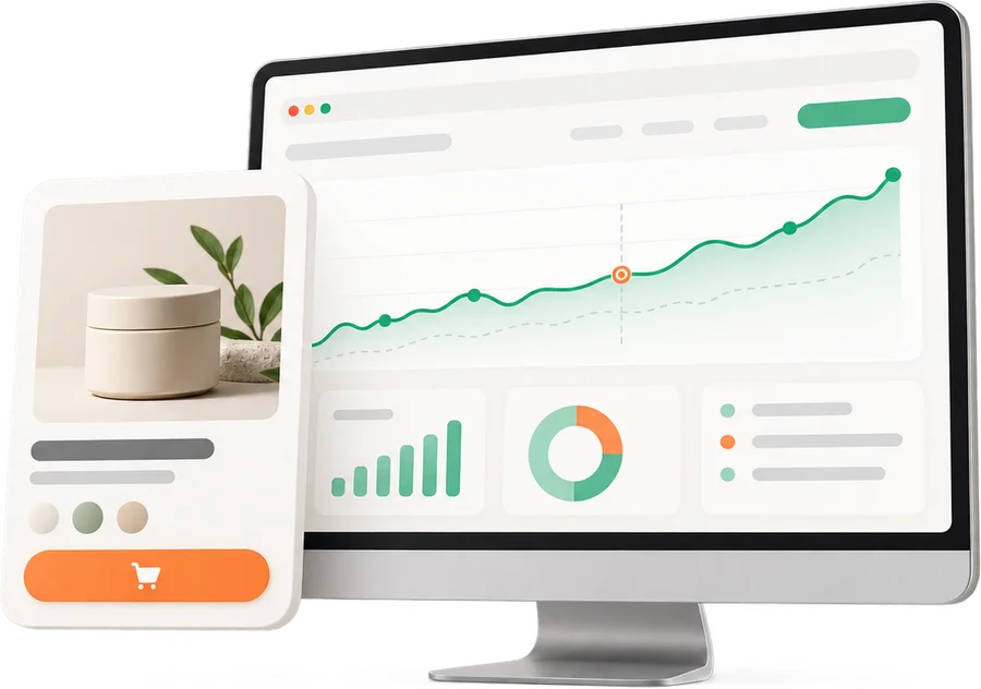 Revenue dashboard trending up beside an optimized product card